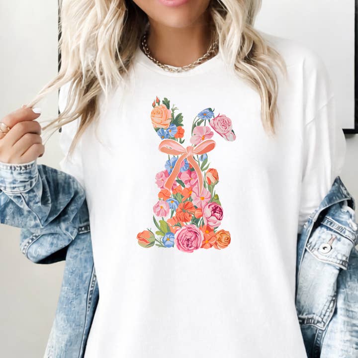 Floral Easter Bunny With Coquette Bow White Easter Tee for wholesale by Simply Spoken Apparel