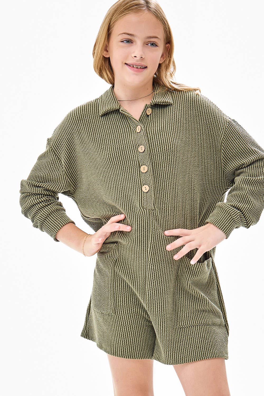 Good Girl - Wholesale Romper - Kids - Embossed Rib Collared Button Up Romper5