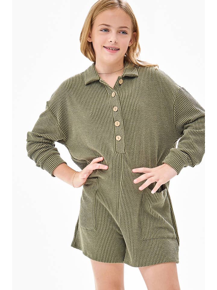Good Girl - Wholesale Romper - Kids - Embossed Rib Collared Button Up Romper5