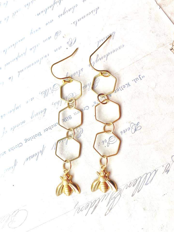 Bee Earrings Long Honeycomb Hexagon Chain for wholesale by Red Truck Designs