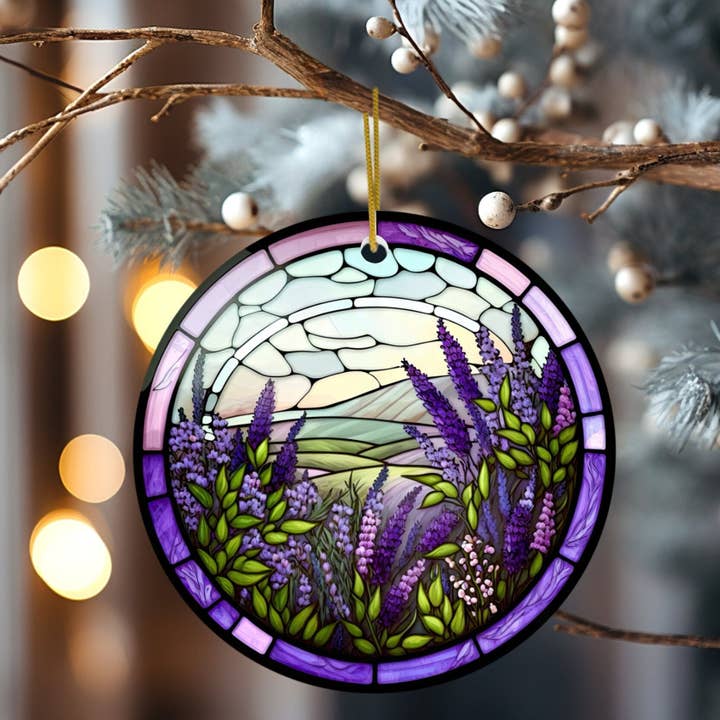 Lavender Ceramic Ornament, Stained Glass Image, Unique Gift for wholesale by Fernville Creations