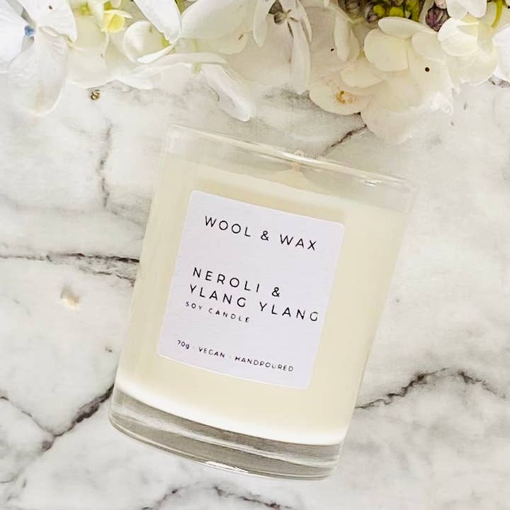 Candela di soia di lusso fatta a mano Mini Neroli & Ylang Ylang per la vendita all'ingrosso da parte di Wool & Wax