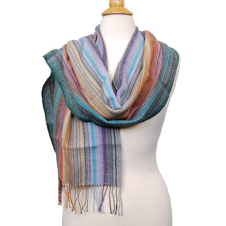 Alpaca Scarf - Baby Alpaca Fleece, Handwoven Scarf Multicolor Stripe (JUL193) for wholesale by My Comfy Apparel