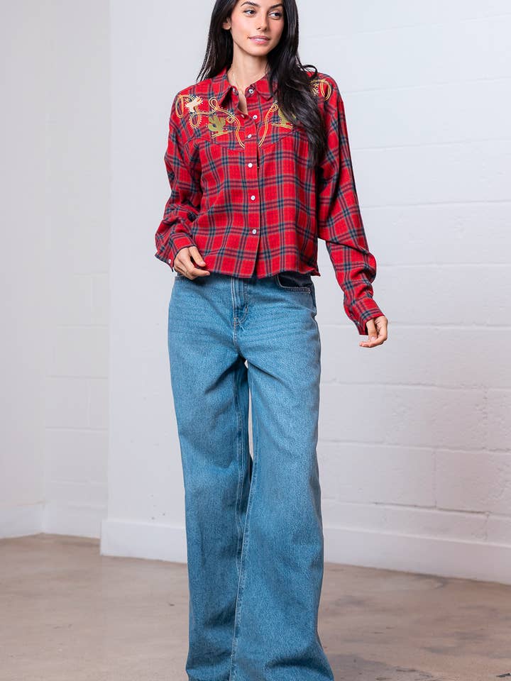 RED MULTI HT28809T-L/S WITH COLLAR WESTERN EMBO PLAID SHIRT for wholesale on Faire5