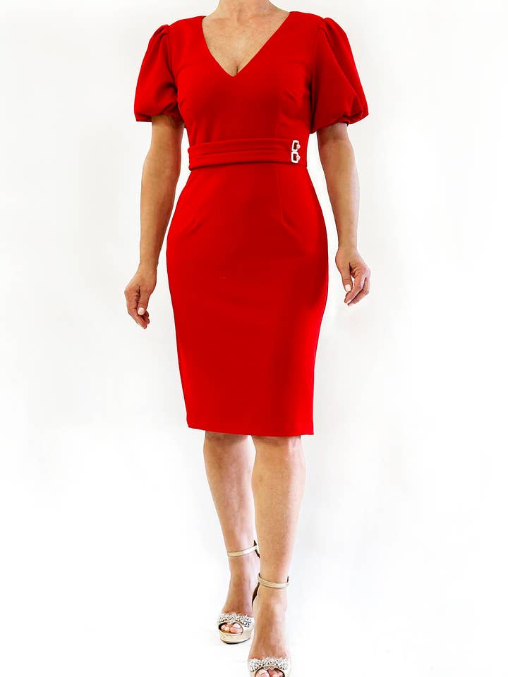 Short Stretch Knit Crepe Dress with Front Waist Detail for wholesale by Laura V