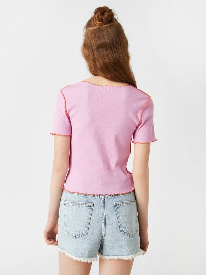 Exposed Seam Crop T-shirt in Pink for wholesale by Usolo Outfitters