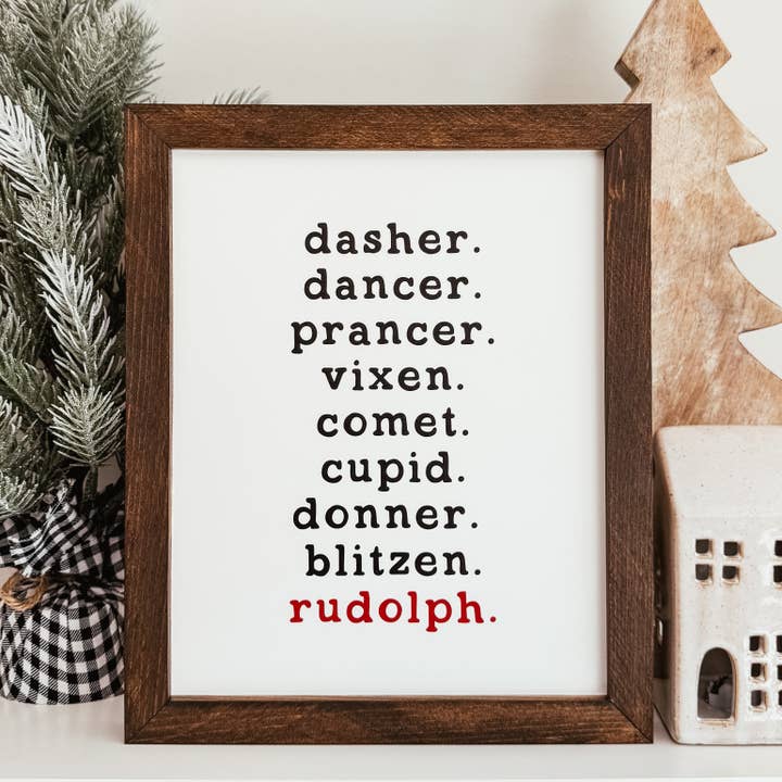 Reindeer Names Framed Christmas Wood Sign for wholesale by Knotty Design Co.
