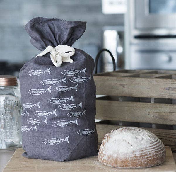 Helen Round - hand printed linen (US Duties Paid) – wholesale Food storage wrap/bag – Linen Bread Bag, Bakers Storage Bag, Handprinted Fish Design0