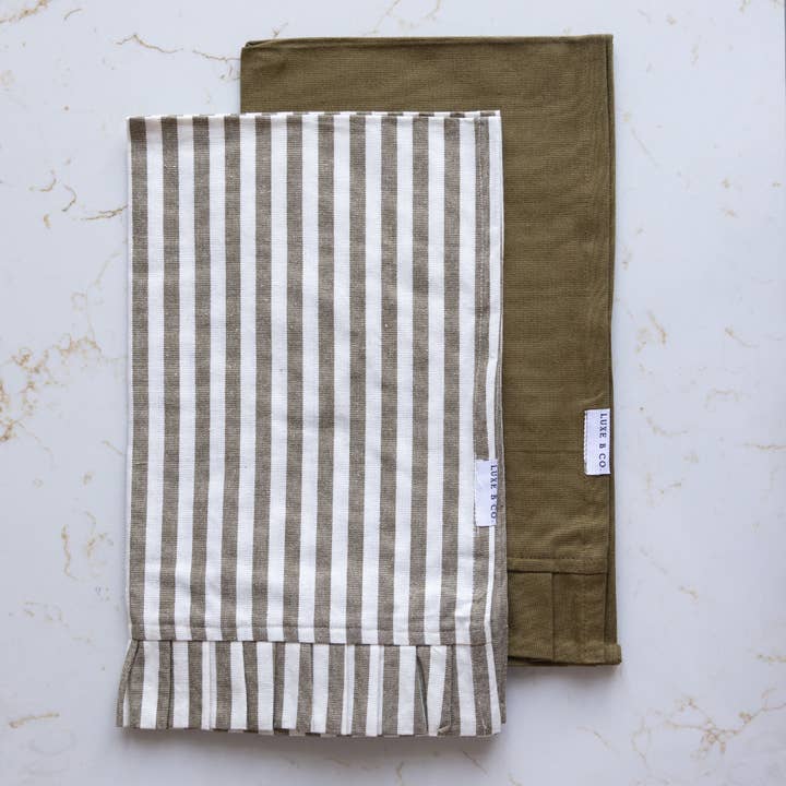 Luxe B Co - Wholesale Tea Towel - Olive Green & White Stripes Ruffle Kitchen Dish Towel0