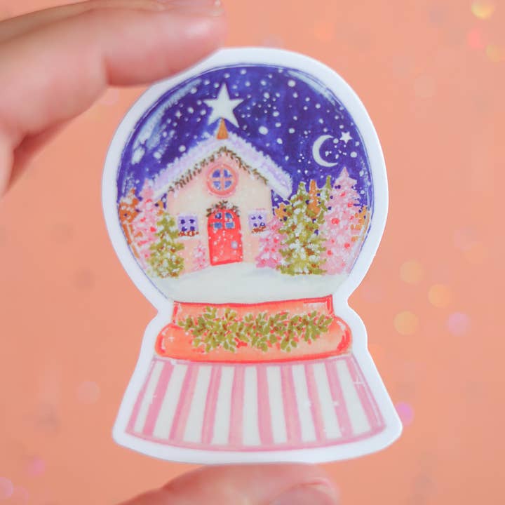 snow globe holiday vinyl sticker for wholesale by Stephanie Tara Stationery