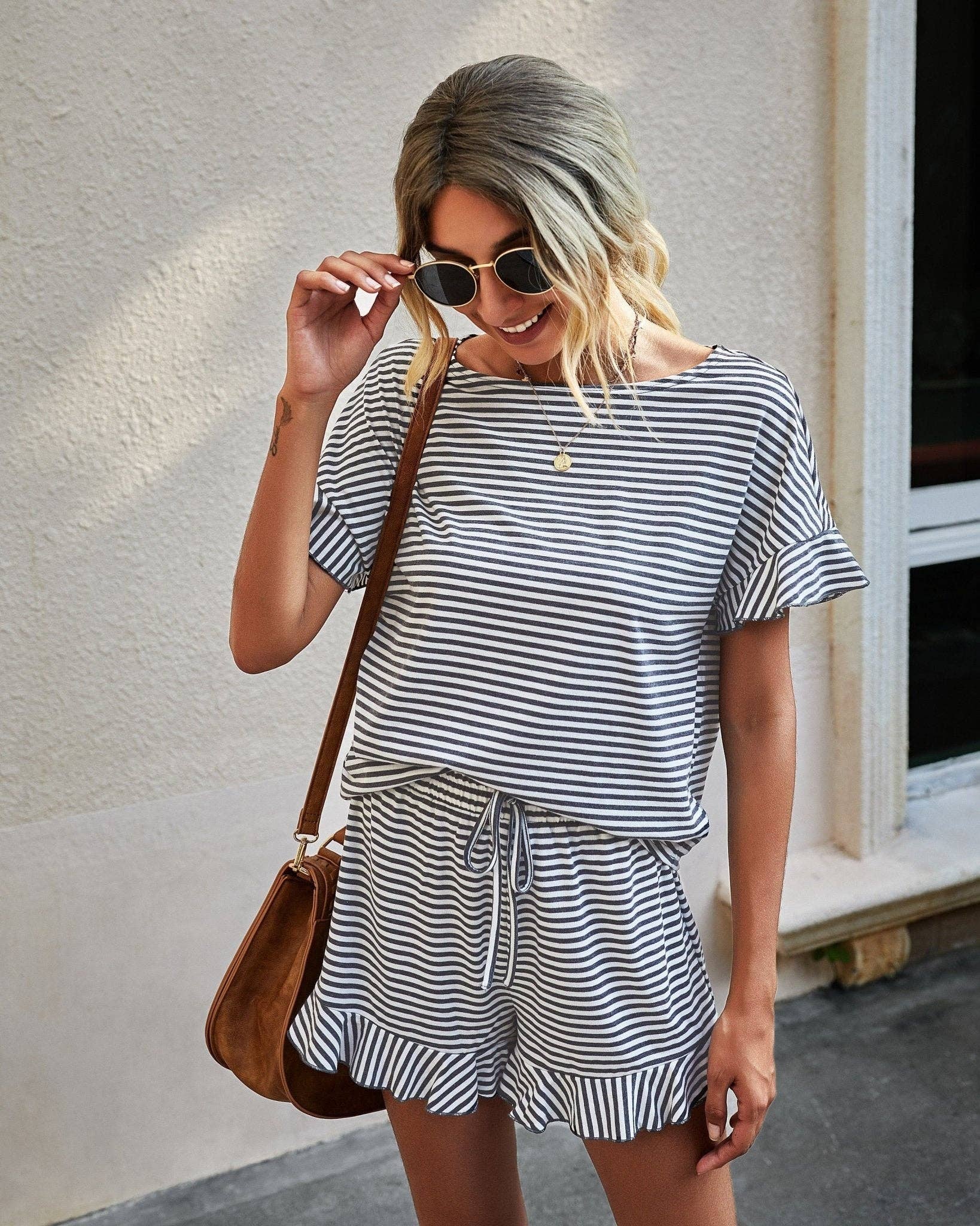 Elings – wholesale Lounge set – Women's – Striped Ruffle Lounge Set7