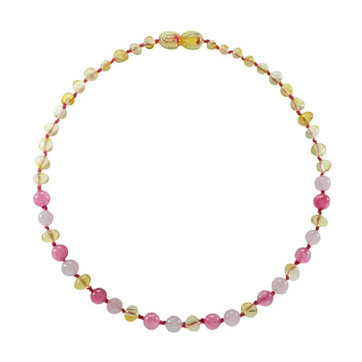 Collier bébé ambre et pierre - Lemon/Quartz Rose/Calcédoine for wholesale by Irréversible