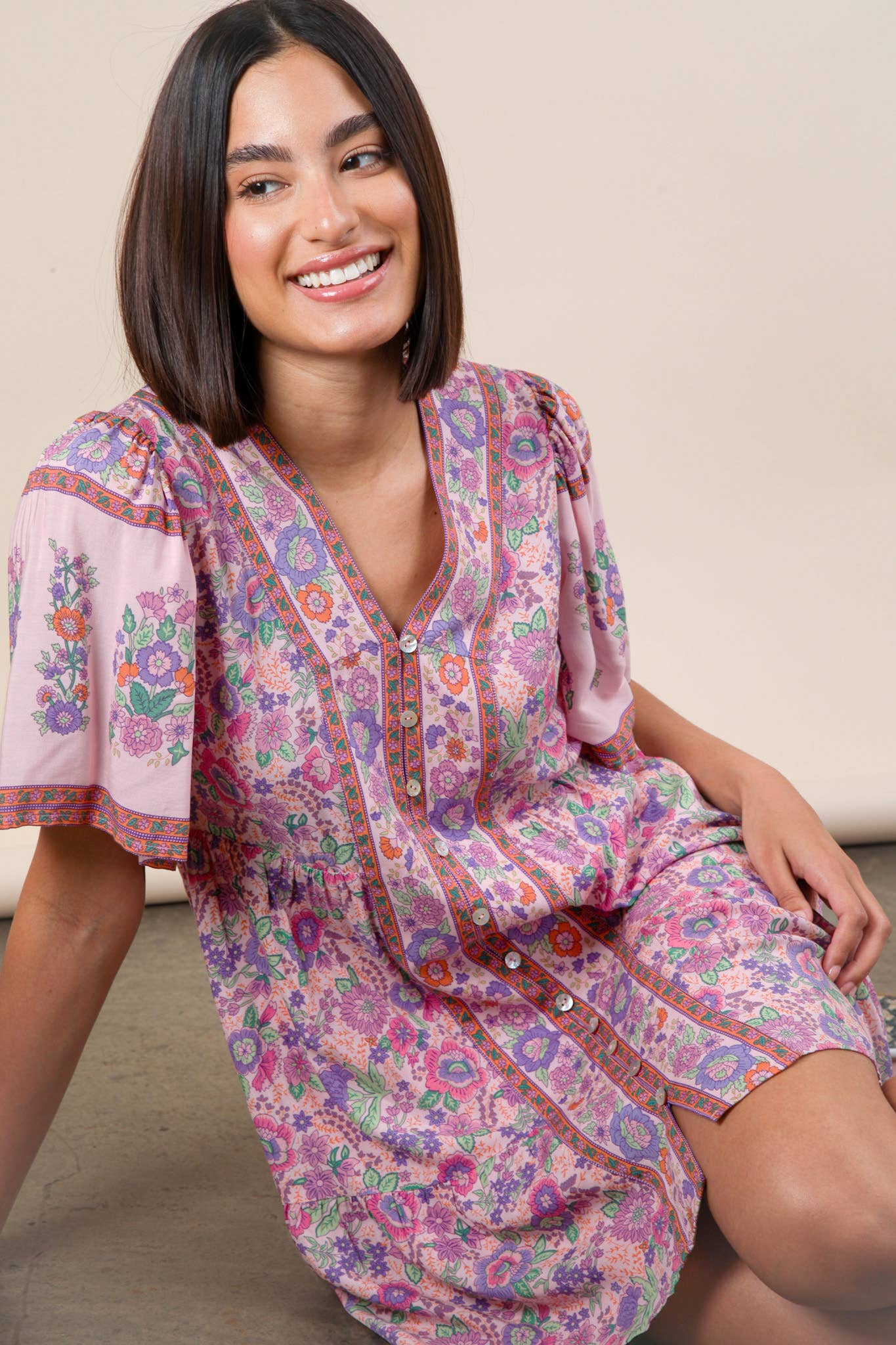 VERY J - Wholesale Dress - Women's - ND31637-Shirring Detail Printed Woven Mini Dress24