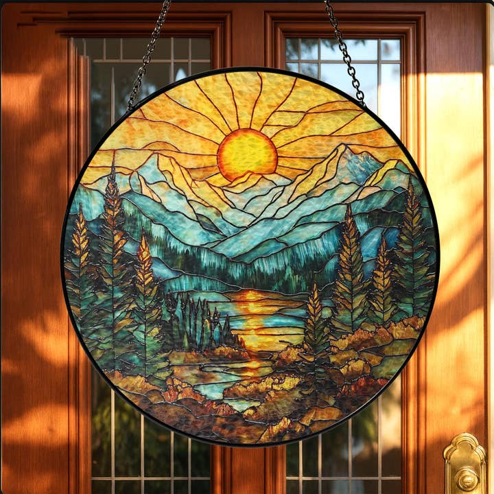 Mountain Range Stained Glass Suncatcher, Sunset Window Decor for wholesale by TMLECOM LTD