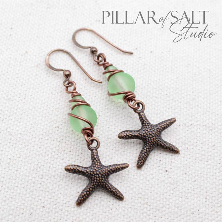 Antiqued Copper Starfish Earrings - Sea Glass (Spring Green) for wholesale by Pillar of Salt Studio