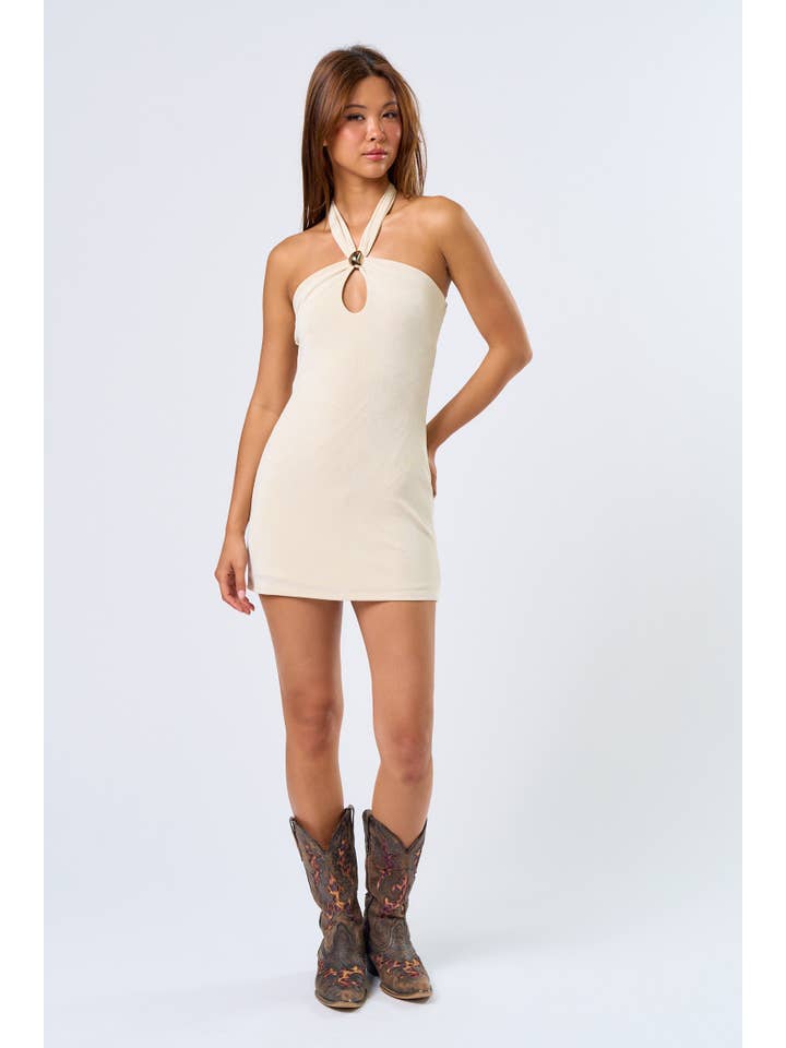 Blue Blush - Wholesale Dress - Women's - BD605 Halter A-Line Mini Dress with Metal Trim Detail