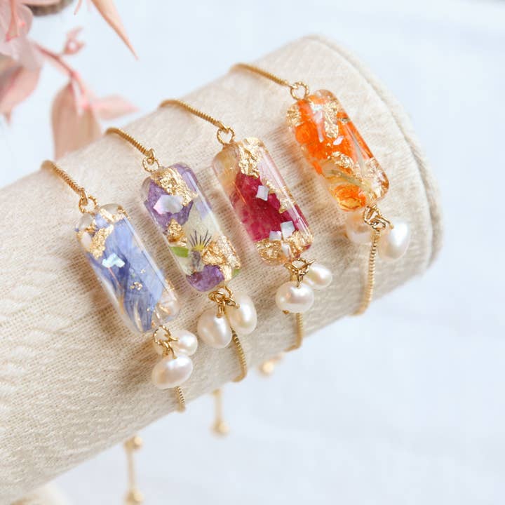 Sweetshop Jewelry - Vente Bracelets à breloques/pendentifs - Bracelet fleur séchée, feuille de fougère pressée Sakura, bracelet fleur pressée, bracelet rectangulaire, demoiselle d'honneur de mariage, Cottagecore
