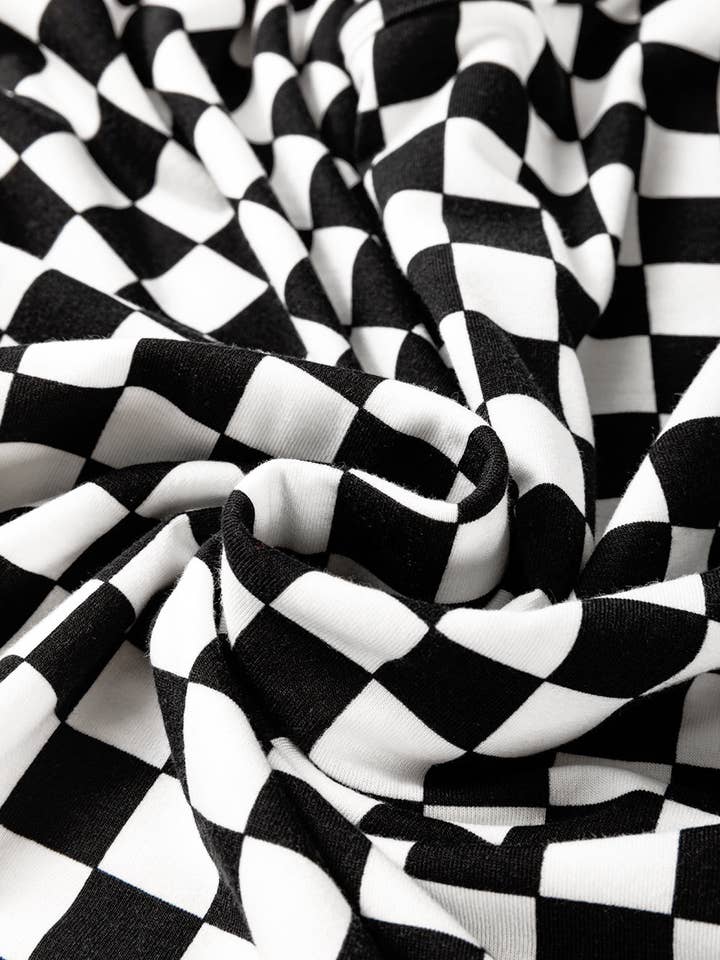 Black Checkered Print Side Slits O Neck Plus Size T Shirt for wholesale on Faire4