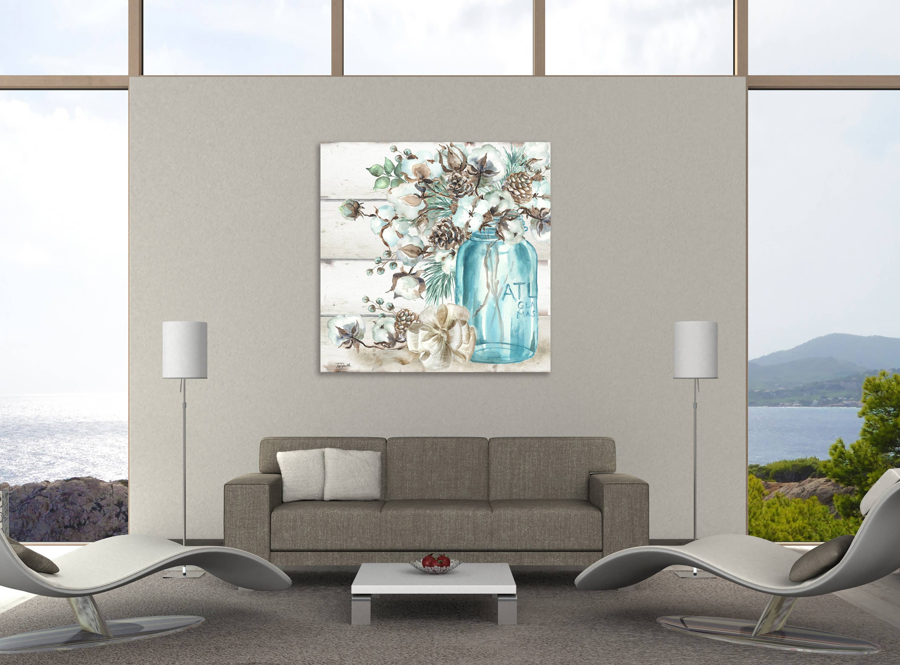 Jaxson Rea - Vendita all'ingrosso Stampa artistica - Cotton Boll e pigne in tela avvolto Mason Jar II1