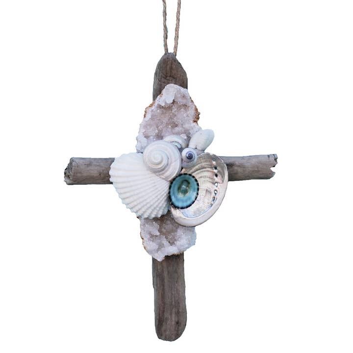 Driftwood Cross Ornament with Geode for wholesale by California Seashell Company