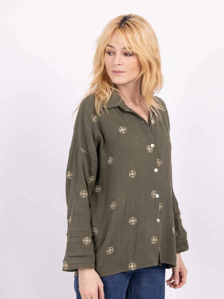 Embroidered lurex cotton gauze shirt @907174_ChBrodeGaze for wholesale by Mimi & Gogo