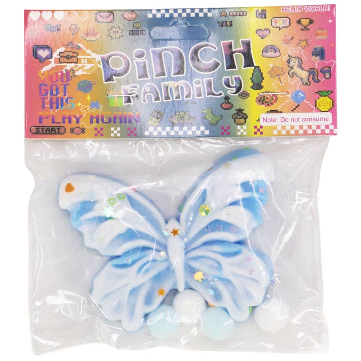 ASSORTED Butterfly Sequins Mochi Pom Pom Squishy Bag for wholesale on Faire4
