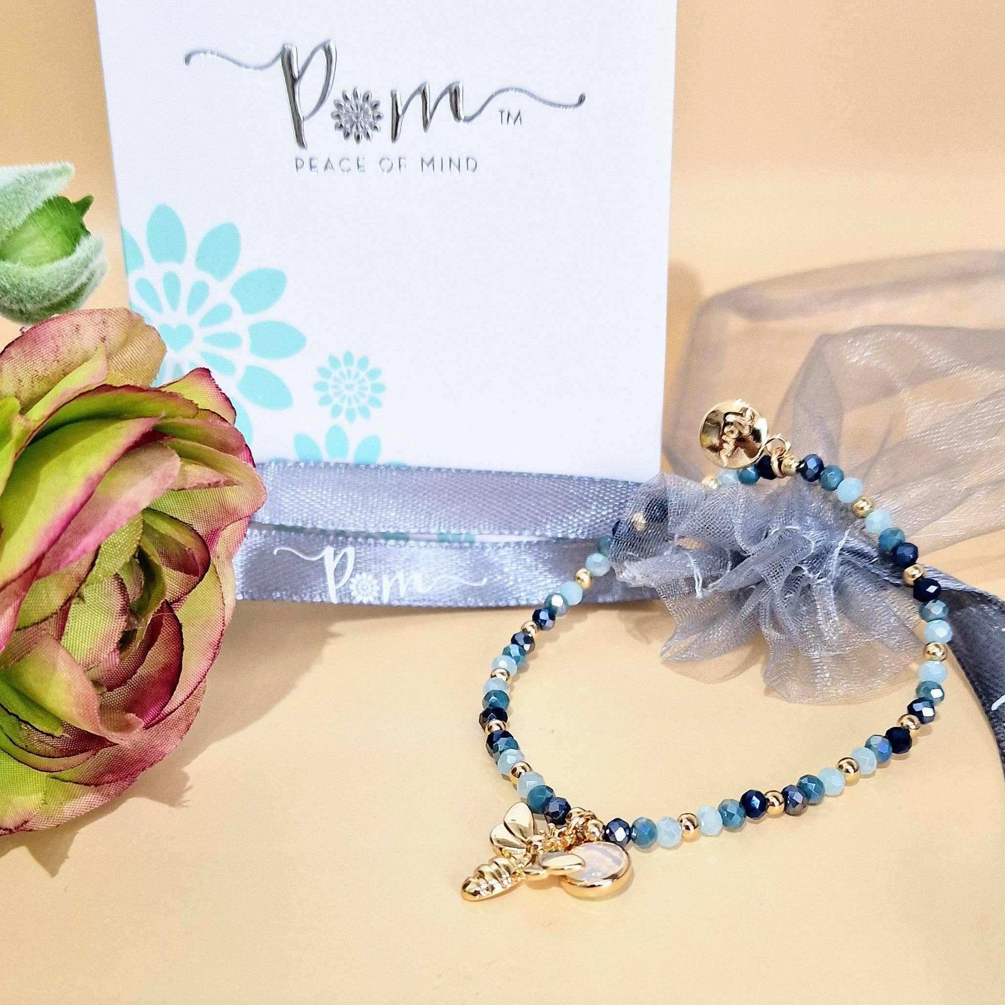 Bee my Oyster – wholesale Beaded bracelet – Denim Blue Crystal Beaded Stretch Bracelet Bee Charm by POM3