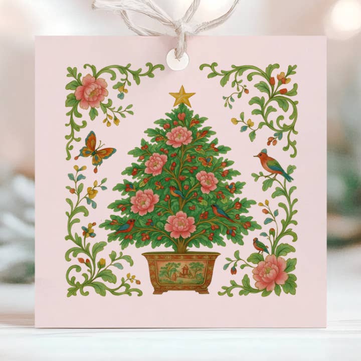 Pink Square Antique Rose Medallion Christmas Tree Gift Tags for wholesale by Design Carolinas