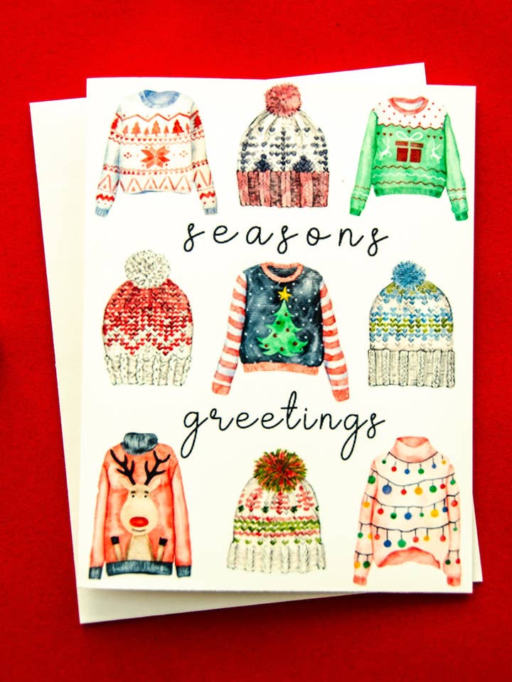 Seasons Greetings Sweater Holiday Card for wholesale by The Jewelry Bx