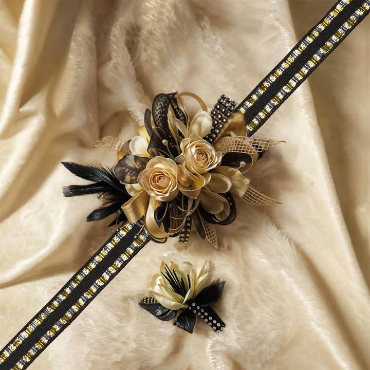 LA Ribbons Wholesale - Wholesale Ribbon – Gift wrapping - 5/8" Wired Edge Corsage Ribbon | Black with Metallic Blocks | 25 Yard Roll
5