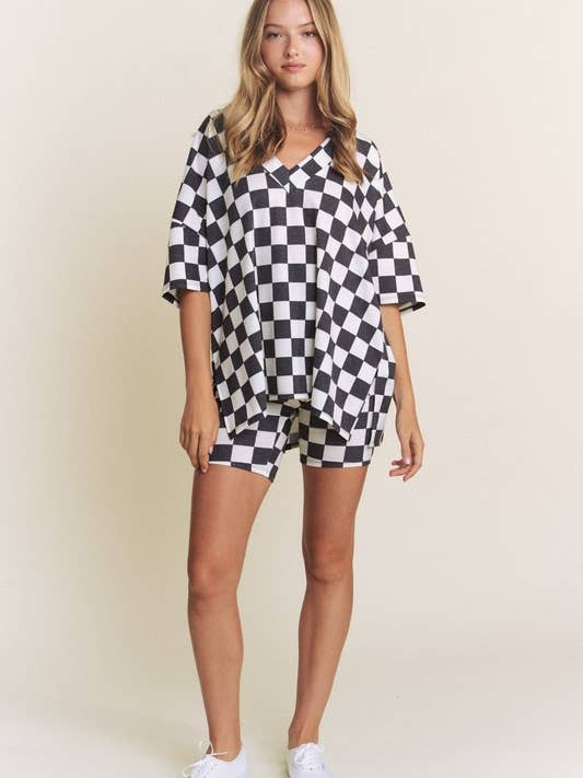 JADE BY JANE PLUS - Wholesale Lounge Set - Women's - PLUS SIZE SHORT SLV V-NECK / SHORTS CHECKERBOARD SET10
