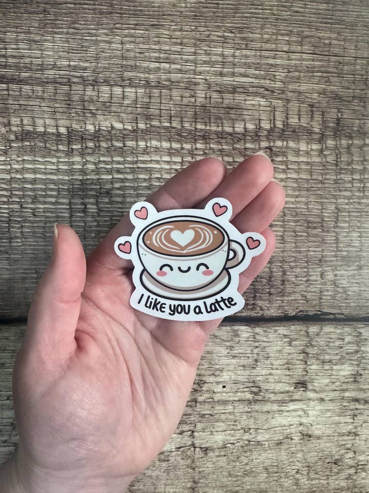 Cute Coffee Pun Waterproof Sticker "I Like You a Latte" - Funny Coffee Lover Gift - Vinyl Decal for Laptops & Water Bottles for wholesale by Laura Dawn Designs