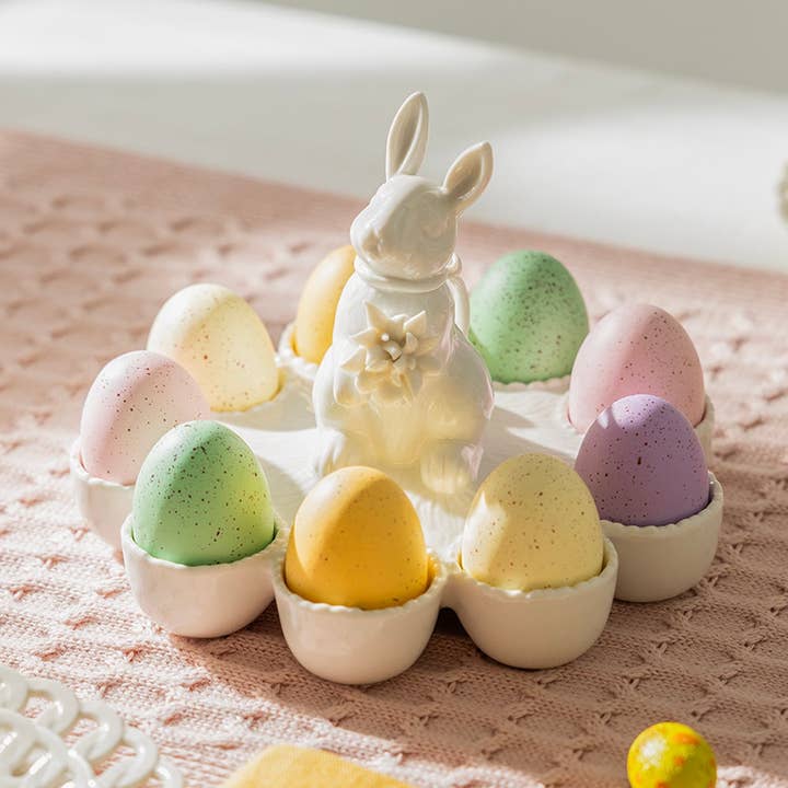 Bunny Figurine 9 Counts Fine Porcelain Egg Basket Tray for wholesale by Grace Teaware