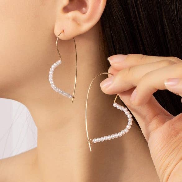 Gold Brass wire heart shape hoop earrings with pearls for wholesale on Faire