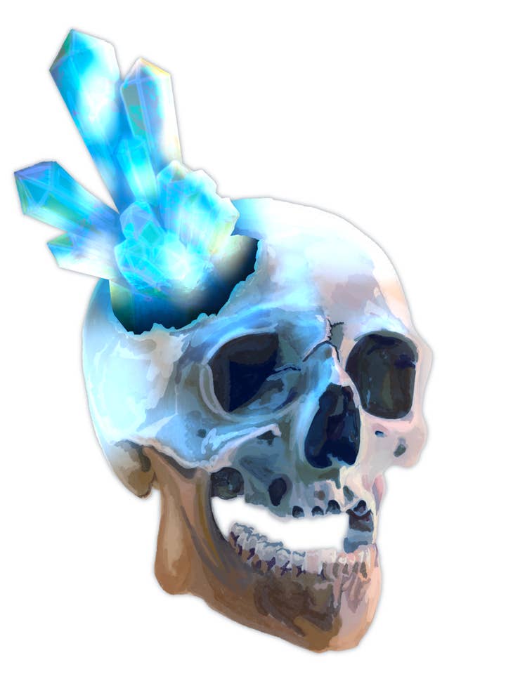 Blue Crystal Skull Glossy Vinyl Sticker for wholesale by Lil Biscuits Design