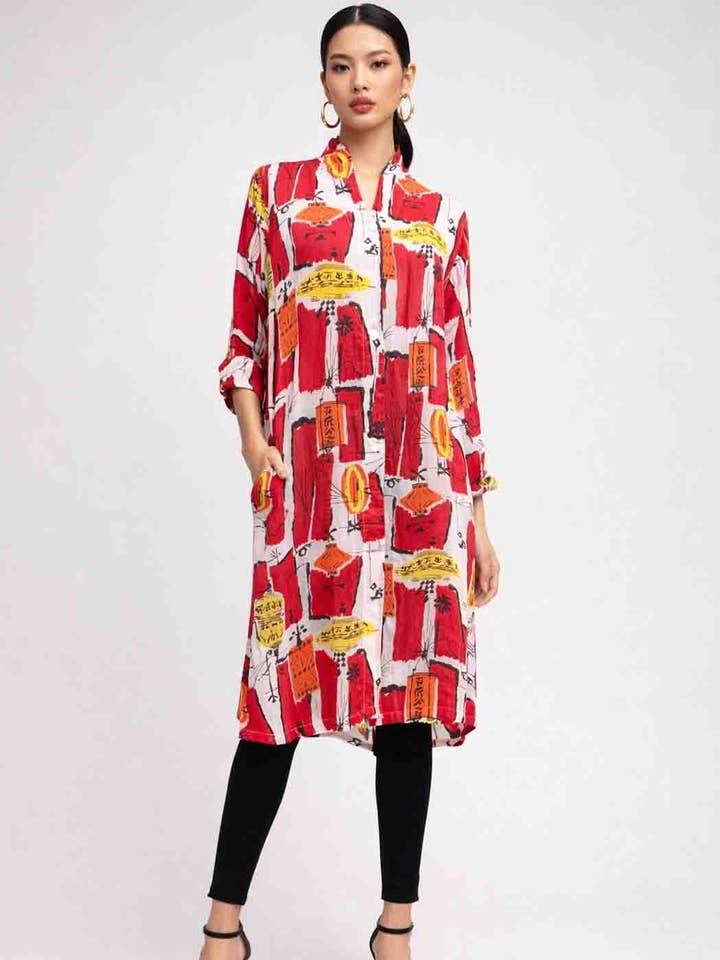 Tianello Sueded CUPRO™ Print Long "Lantern" Duster Jacket for wholesale by Tianello
