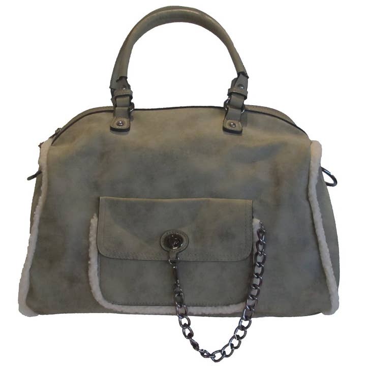 Große Umhängetasche mit Kunstpelz-Akzent - Rauchgrün für den Großhandel von Lily and Layla