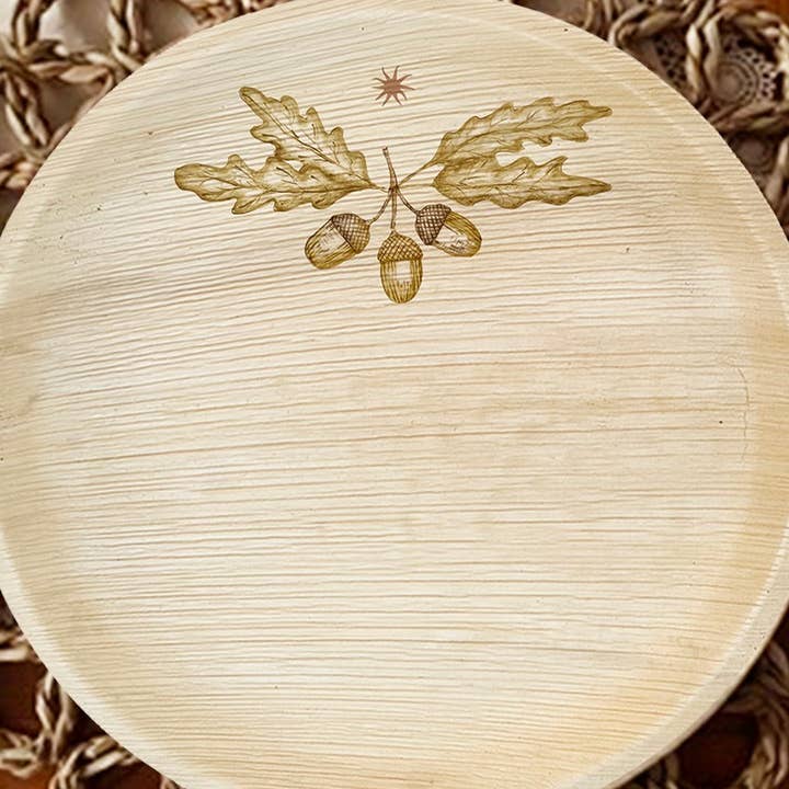 maaterra - Wholesale Disposable Plate - Compostable Palm Leaf Plates - Acorns, 6-12"5