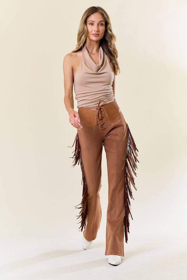 Saints & Hearts - Wholesale Pants - Women's - SIP6367A TAN FAUX SUEDE BOHEMIAN LACE -UP W/SIDE FRINGE