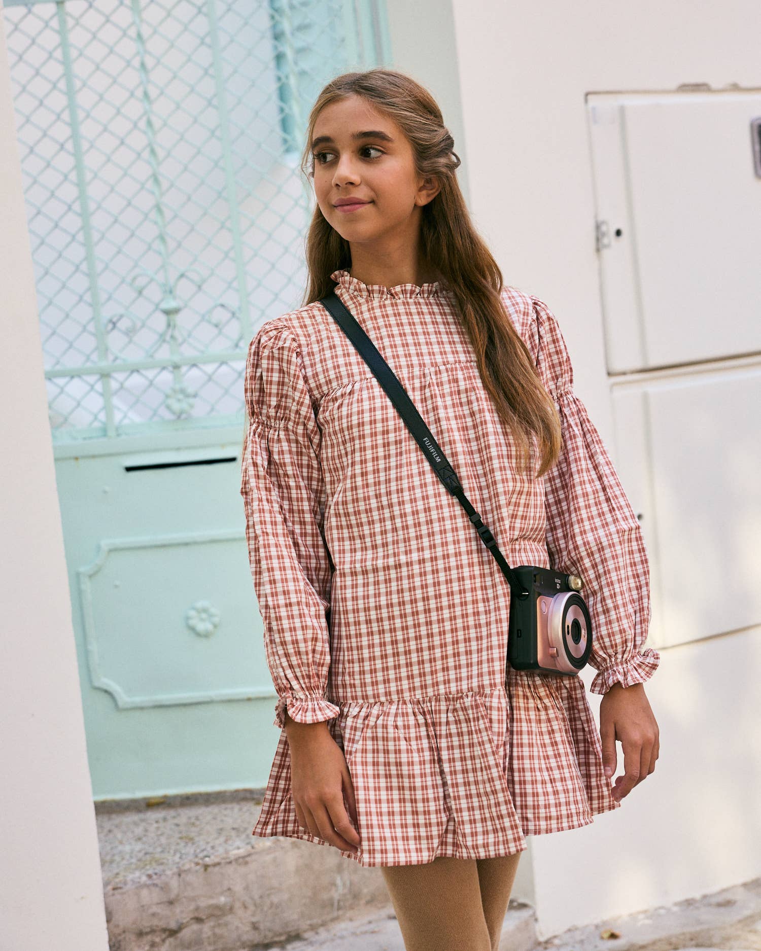 Dadati - Wholesale Dress - Kids - Orange-white checkered dress with long puffed sleeves8