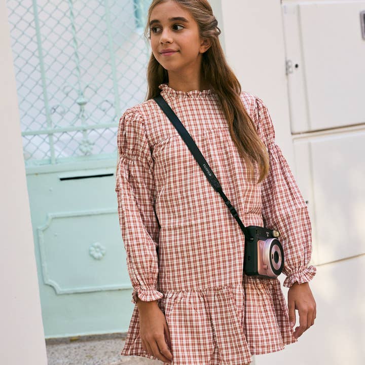 Dadati - Wholesale Dress - Kids - Orange-white checkered dress with long puffed sleeves8