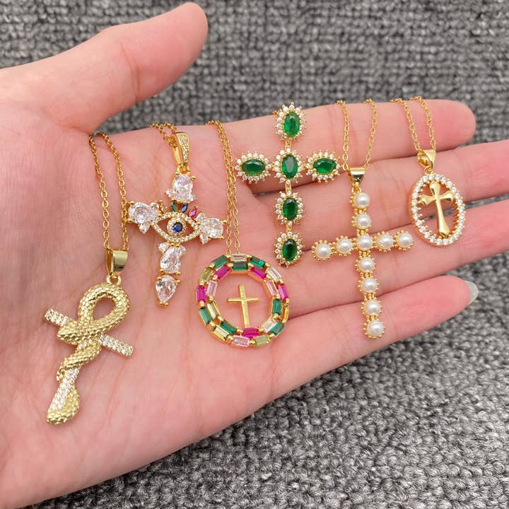 Multi Style Rhinestone & CZ Cross Charm Golden Necklace for wholesale by Mio Queena