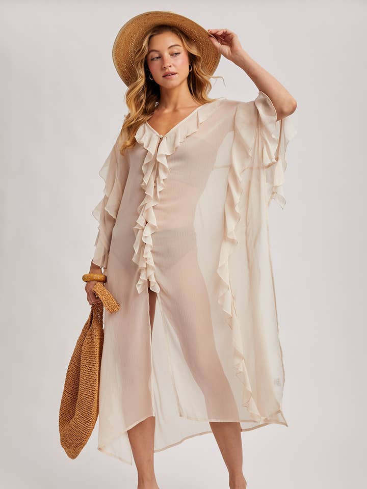 SHEER RUFFLED OPEN FRONT KIMONO OR COVER-UP DRESS for wholesale by Bluivy