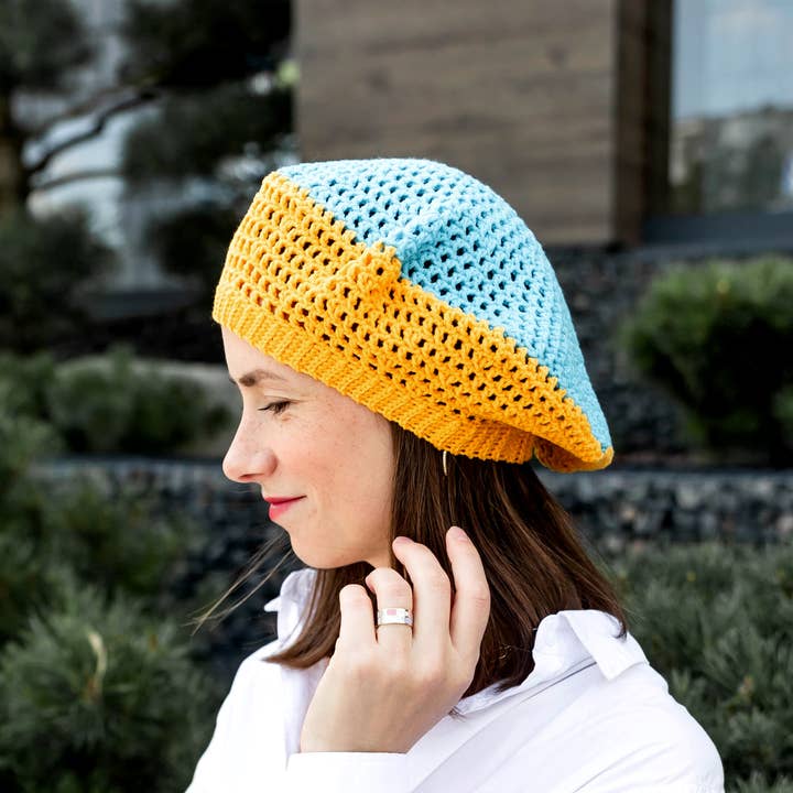 Boina de malla tejida en azul y amarillo Gorro de ganchillo para venta al por mayor de FairyBabyGifts