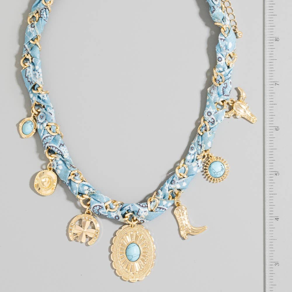 The Looks by Fame Accessories - Wholesale Pendant/Charm Necklace - Western Stone Set Concho Charms Paisley Bandana And Chain Braided Necklace8
