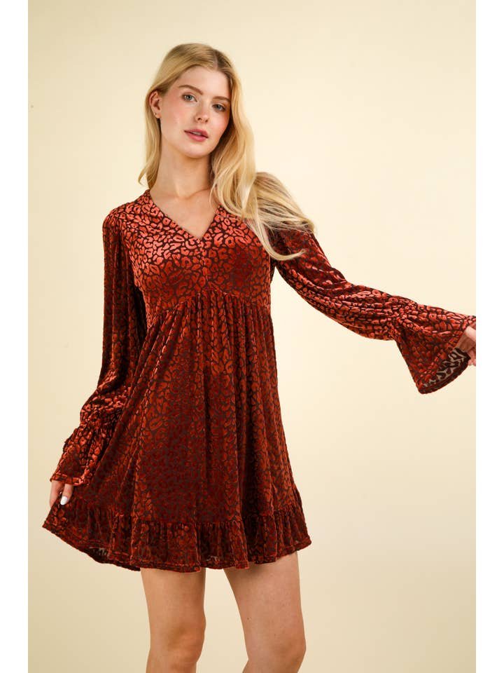 VERY J - Wholesale Dress - Women's - ND31550-Leopard Velvet Ruffled Holiday Mini Dress