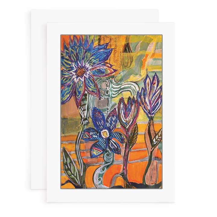 Blue and Gold Flowers - 5x7 Art Note Card for wholesale by Very Curious Art