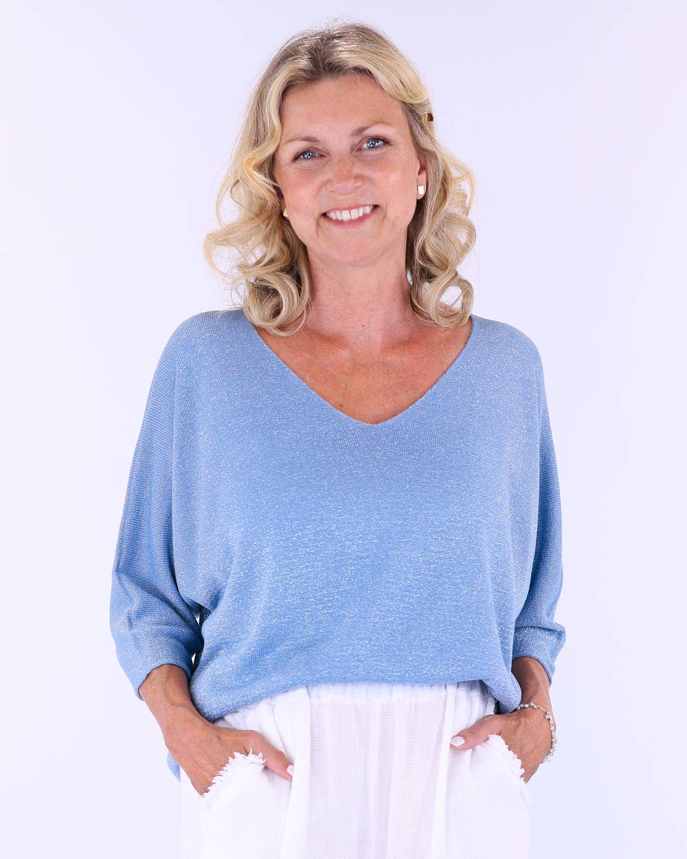 Cadenza Italy Ltd – wholesale Knit top – Women's – Modal Blend V Neck Sparkle Top2