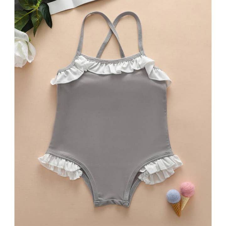 Gray Girls' Ruffle Trim One-Piece Swimsuit for wholesale by Fennco Styles