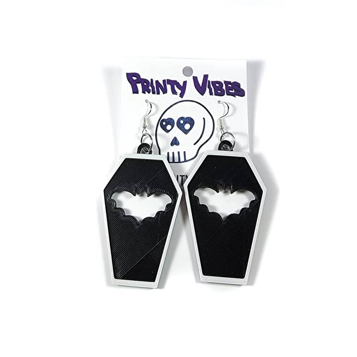 Printy Vibes - Vendita all'ingrosso Orecchini pendenti - Orecchini gotici spettrali neri a forma di pipistrello, stampati in 3D3